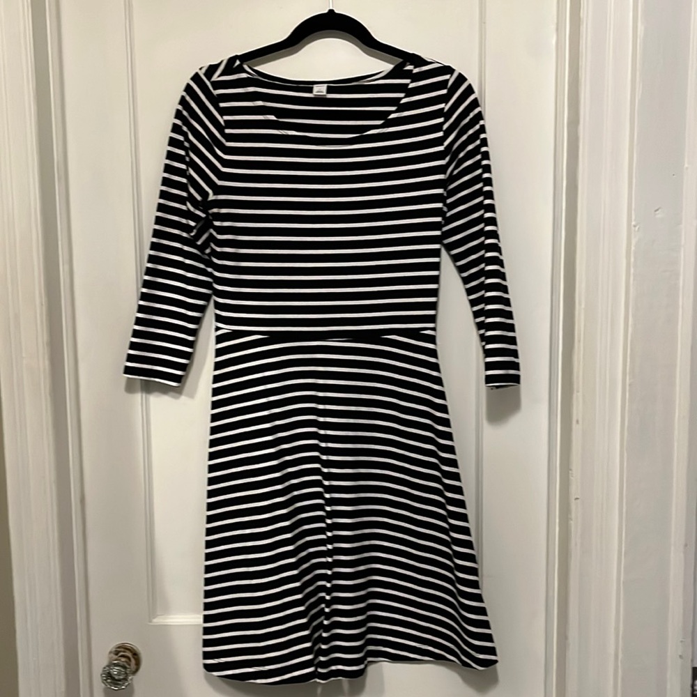 Black and white striped flared dress